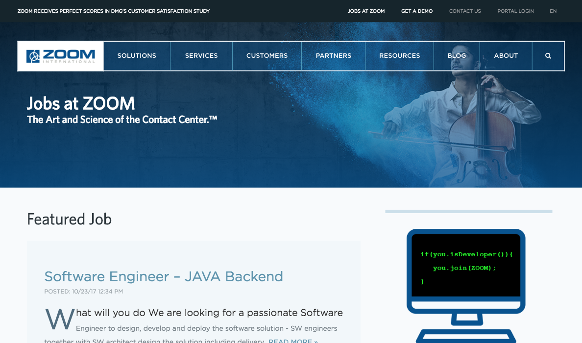 Screenshot of ZOOM International Job site